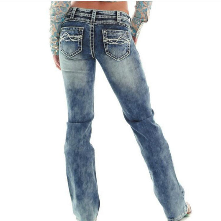 Women's Slim-Fit Embroidered Denim Jeans - Mid-Rise Distressed Style