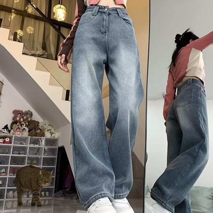 Cozy Fleece-Lined High Waist Baggy Jeans for Women