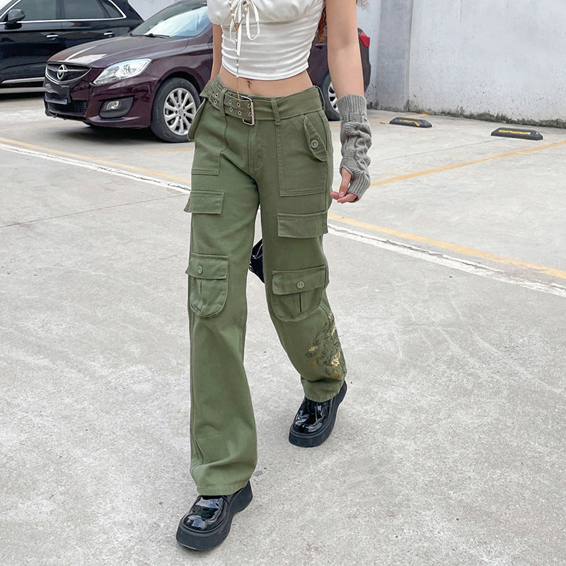 Vintage Low Waist Embroidered Cargo Pants - Y2K Style