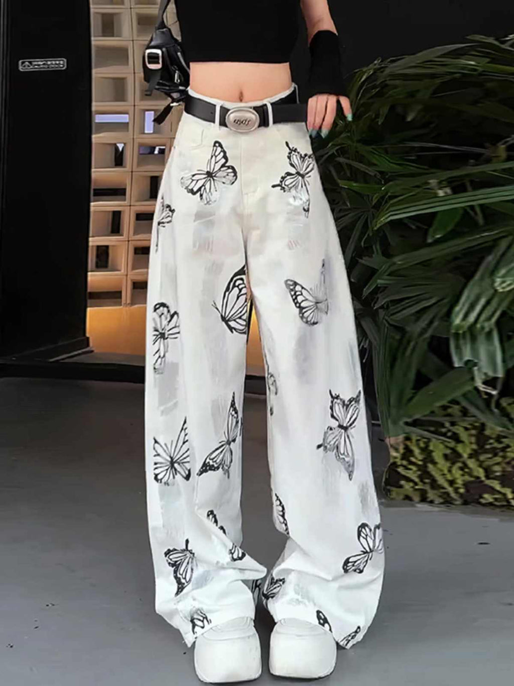 Women's Butterfly Print Wide Leg Pants - Casual Trousers