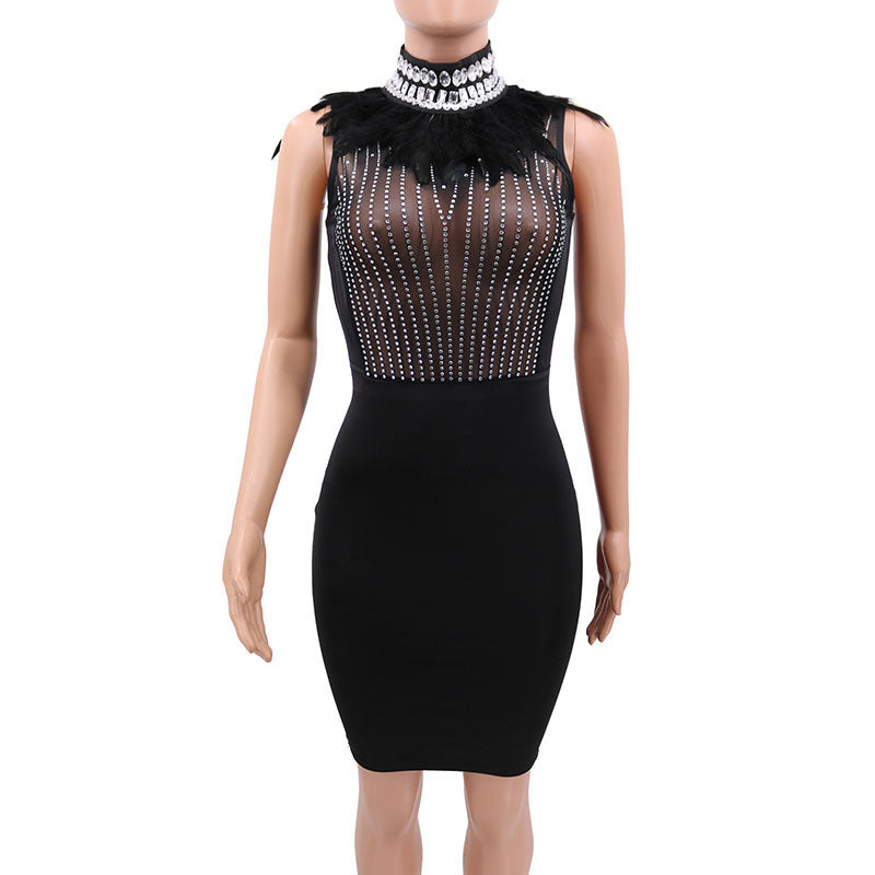 Elegant Beaded Feather Trim Bodycon Midi Evening Dress
