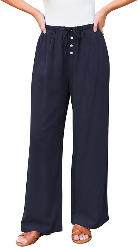 Women's High Waist Wide Leg Cotton Pants with Drawstring