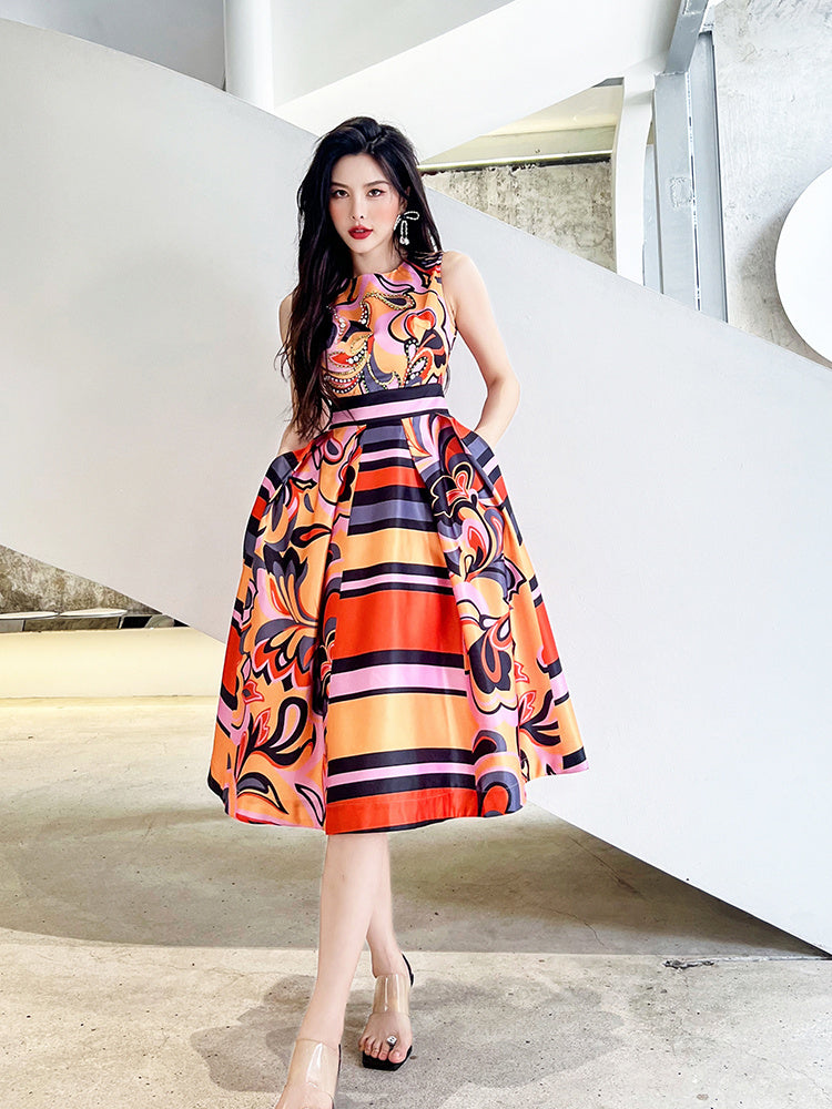 French-style Beautiful Print Slim Waist Dress