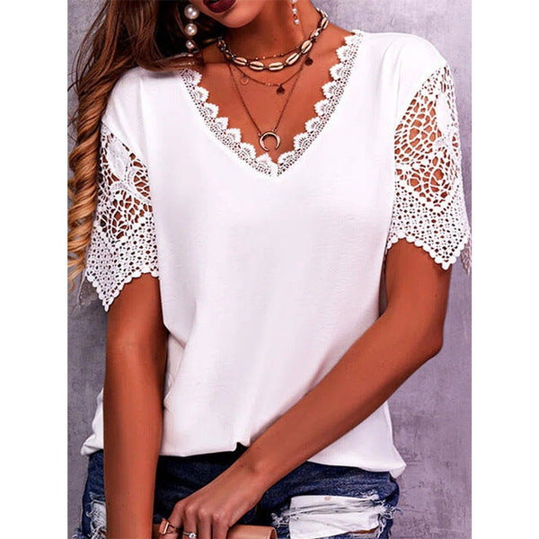 Elegant Lace V-Neck Blouse for Women - Casual Short Sleeve Summer Top