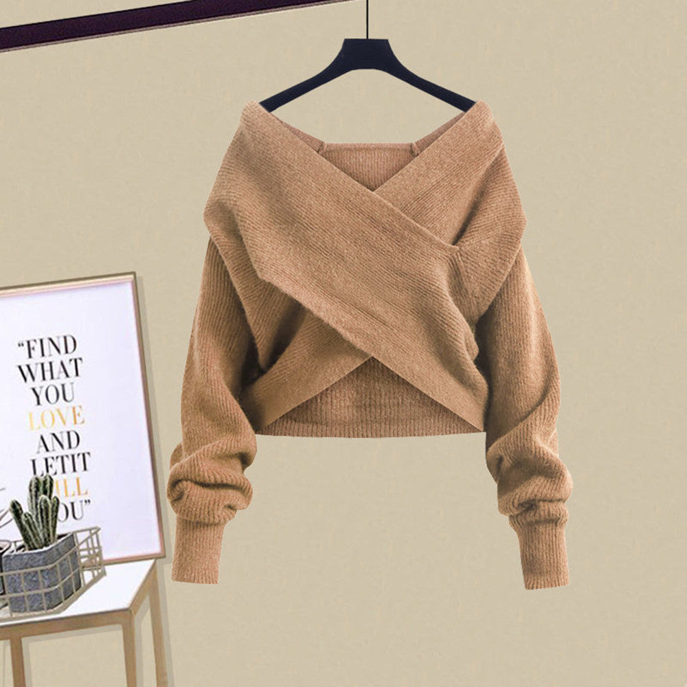 Cozy Knit Off Shoulder Wrap Sweater with Relaxed Fit for Everyday Style