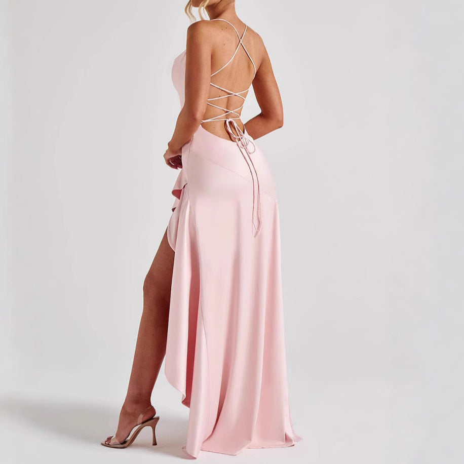 Glamorous Backless Ruffled High-Slit Maxi Dress for Evening Wear
