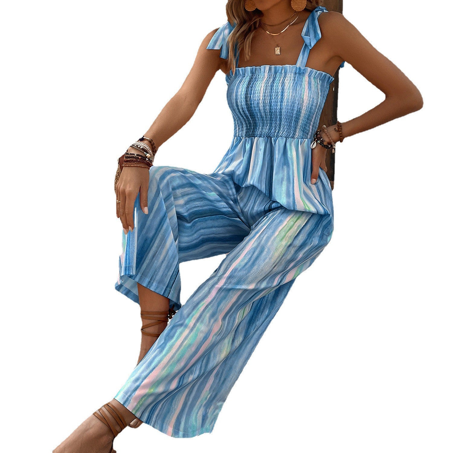 Chic Shirred Strappy Wide-Leg Jumpsuit - Comfortable & Stylish
