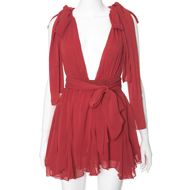 Chic Deep V Neck Ruffle Mini Dress | Elegant Summer Sleeveless Style