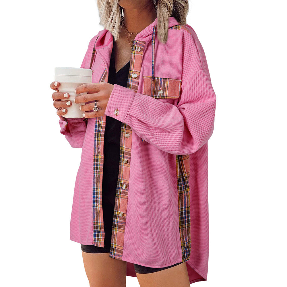 Effortless Plaid Hooded Waffle Knit Shacket for Casual Style
