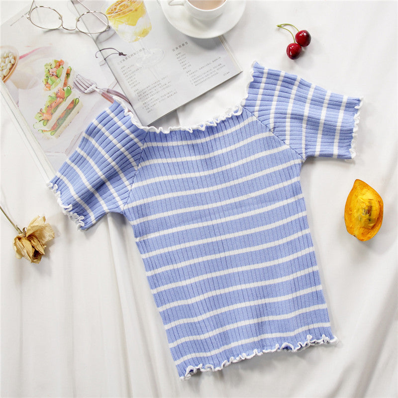 Chic Striped Off-Shoulder Ribbed Knit Crop Top for Women
