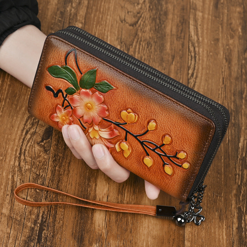 Elegant Floral Embossed First Layer Cowhide Leather Double Zipper Long Wallet