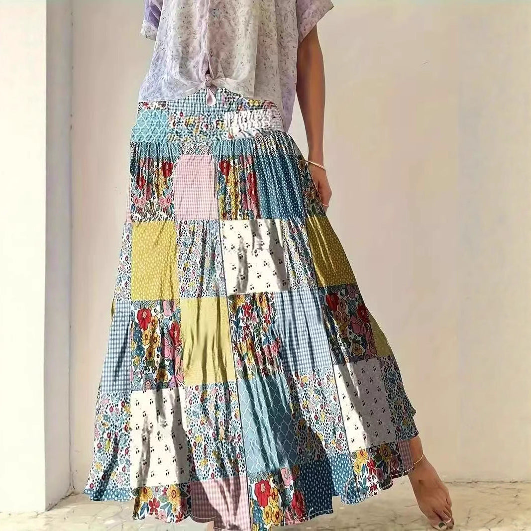 Vibrant Floral Patchwork Tiered Bohemian Maxi Skirt