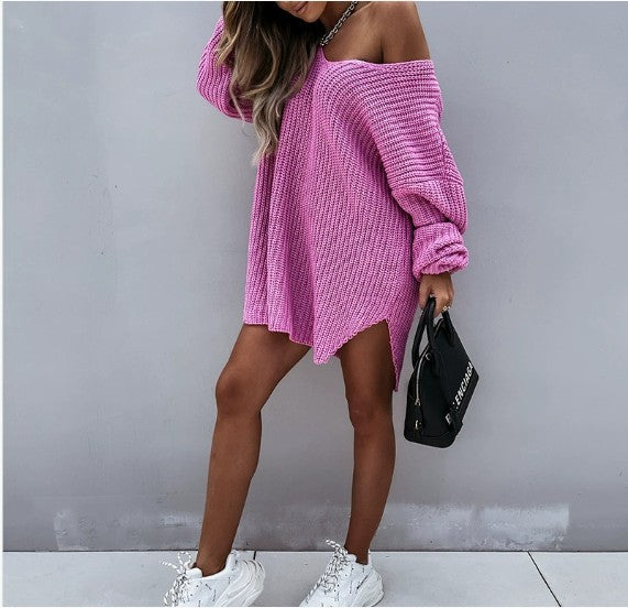 Comfortable Off-Shoulder Knitted Sweater Dress with Long Sleeves and V-Neck
