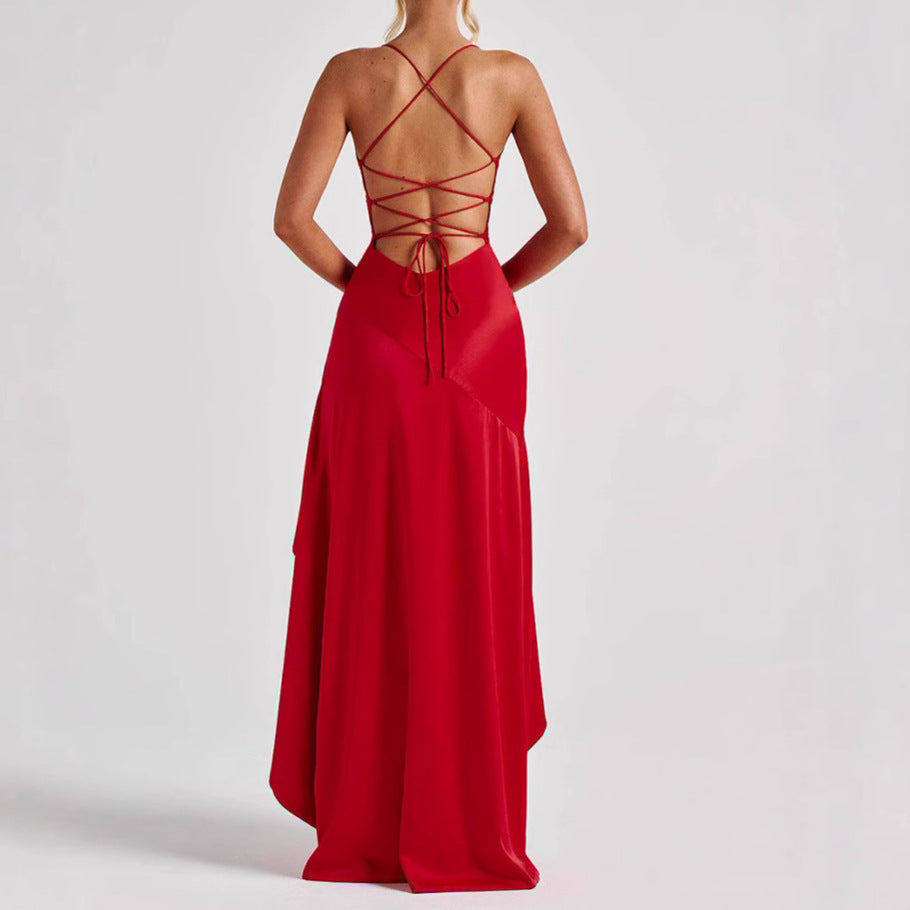 Glamorous Backless Ruffled High-Slit Maxi Dress for Evening Wear