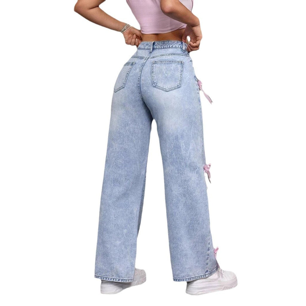 Chic Bow-Accent Straight Leg Jeans - Loose Fit Retro Denim