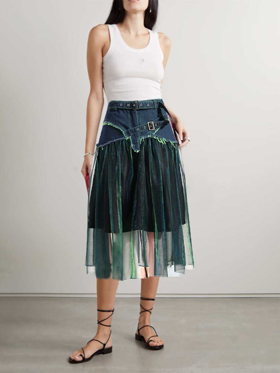 Fashion Forward Denim Tulle Midi Skirt with Adjustable Belted Waist