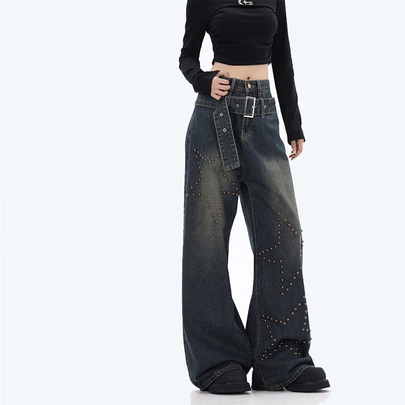 Retro Washed Studded Straight-Leg Baggy Denim Jeans