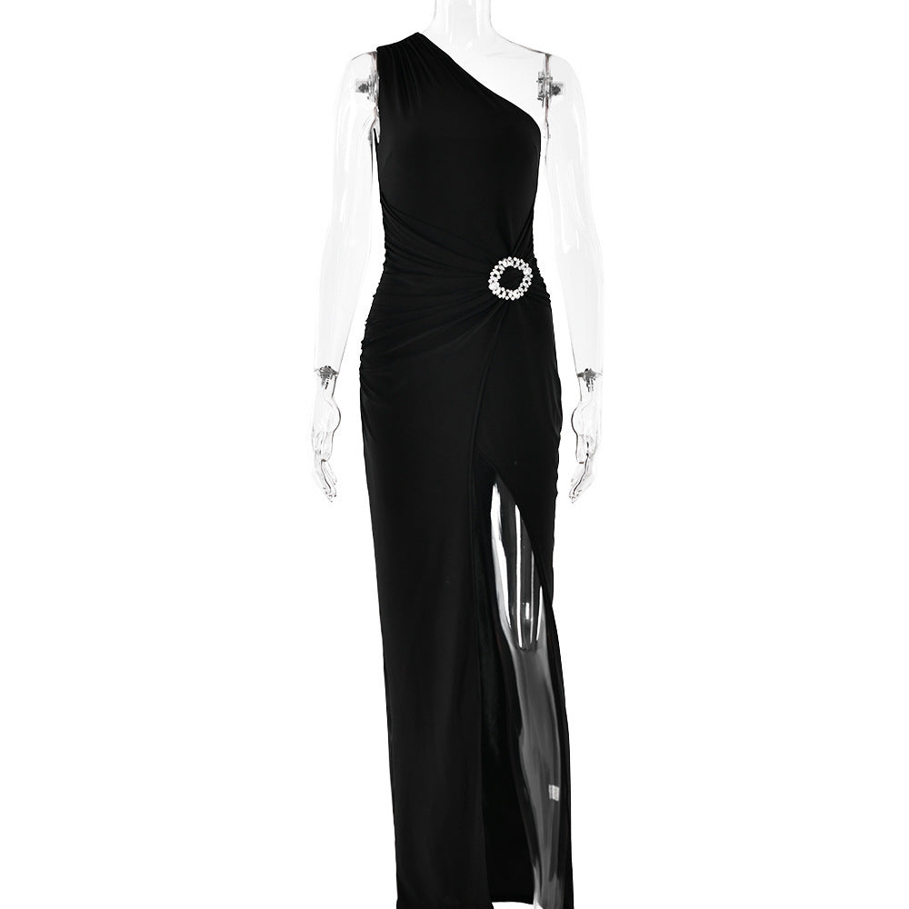 Elegant One Shoulder High Slit Maxi Dress with Rhinestone Detail for Evening Occasions