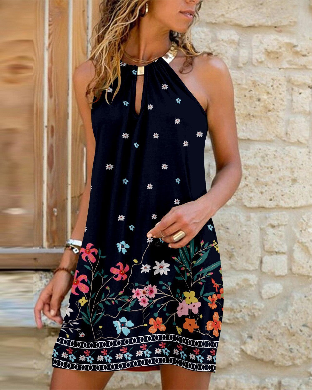 Vibrant Butterfly Print Halter Neck A-Line Mini Dress