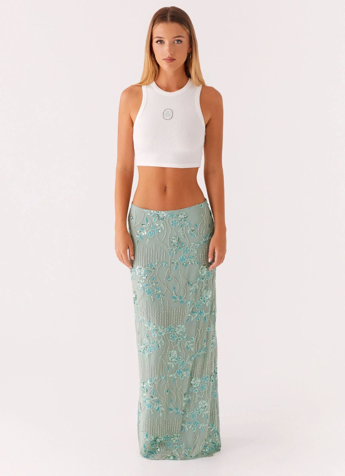 Sparkling Sequined Embroidered Maxi Skirt for Evening Occasions and Parties