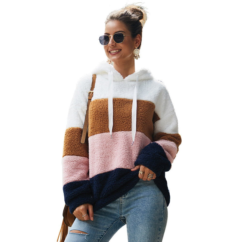 Cozy Color Block Plush Fleece Hooded Sweatshirt with Pockets