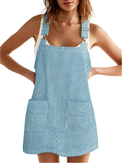 Chic Striped A-Line Pinafore Dress with Adjustable Straps and Pockets