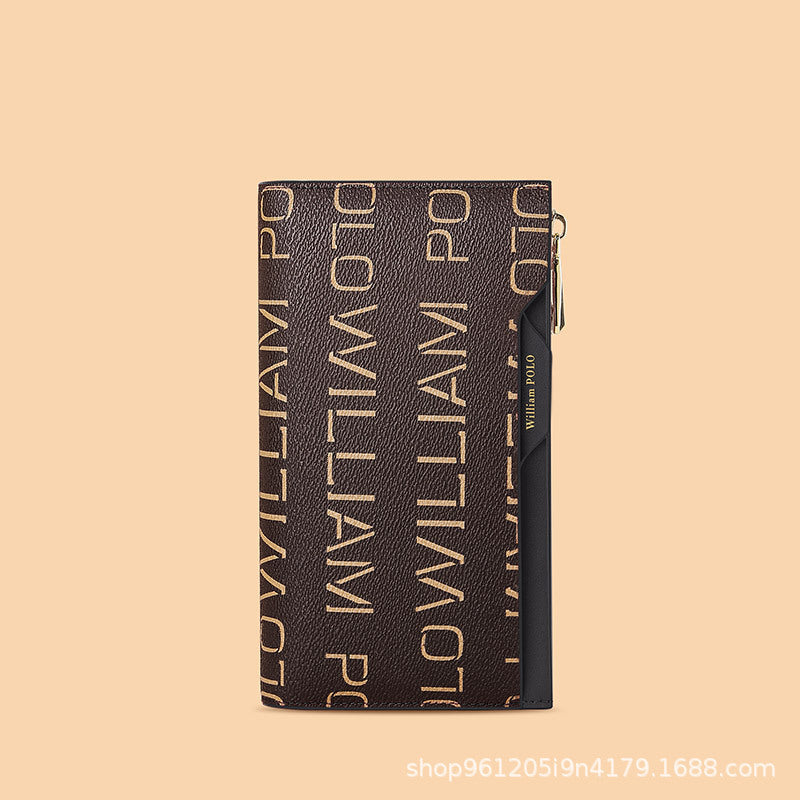 Elegant Genuine Cowhide Leather Wallet with Stylish Monogram Print and Wrist Strap