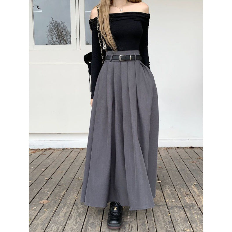 Elegant Pleated Maxi Skirt with Belt Urban Chic High Waist Flowy Design