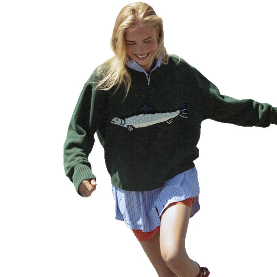 Relaxed Fit Casual Knit Pullover with Whimsical Fish Design