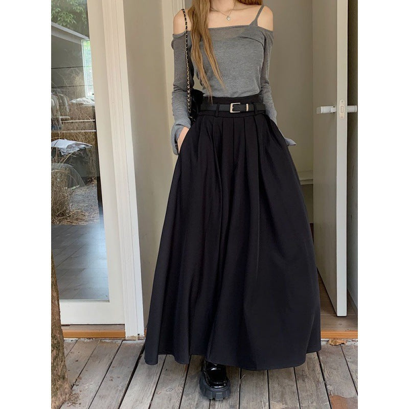 Elegant Pleated Maxi Skirt with Belt Urban Chic High Waist Flowy Design