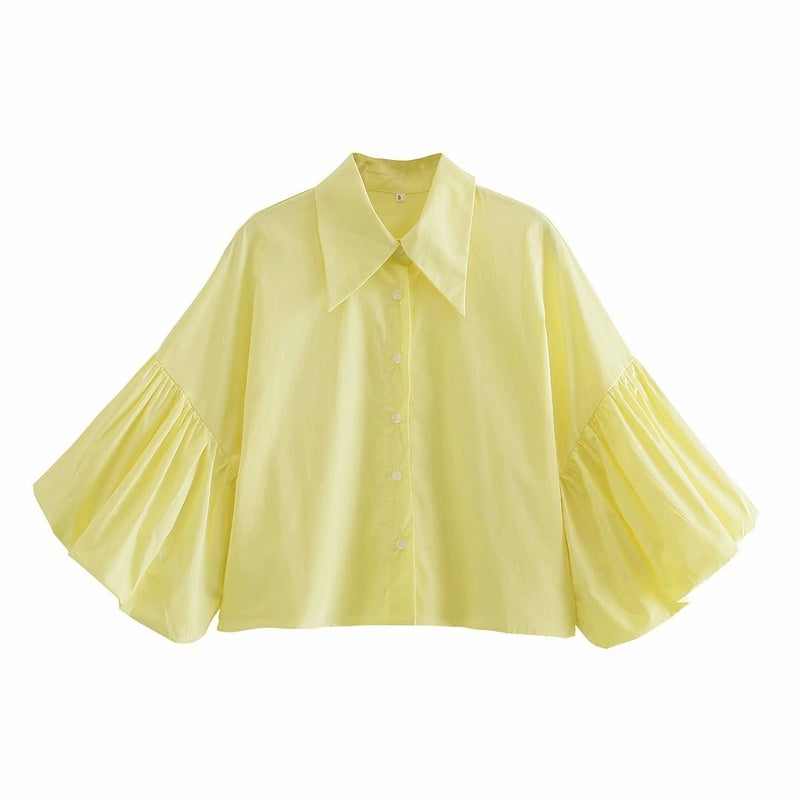Chic Womens Retro Temperament Cropped Puff Sleeve Button Up Blouse Perfect for Summer Style