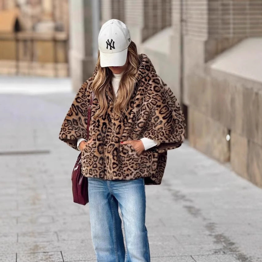Stylish Leopard Print Faux Fur Hooded Jacket Comfortable Loose Fit Autumn Winter Warmth