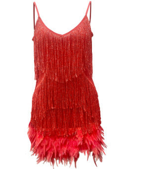 Glamorous Sequin Feather Mini Party Dress - V-Neck Spaghetti Strap