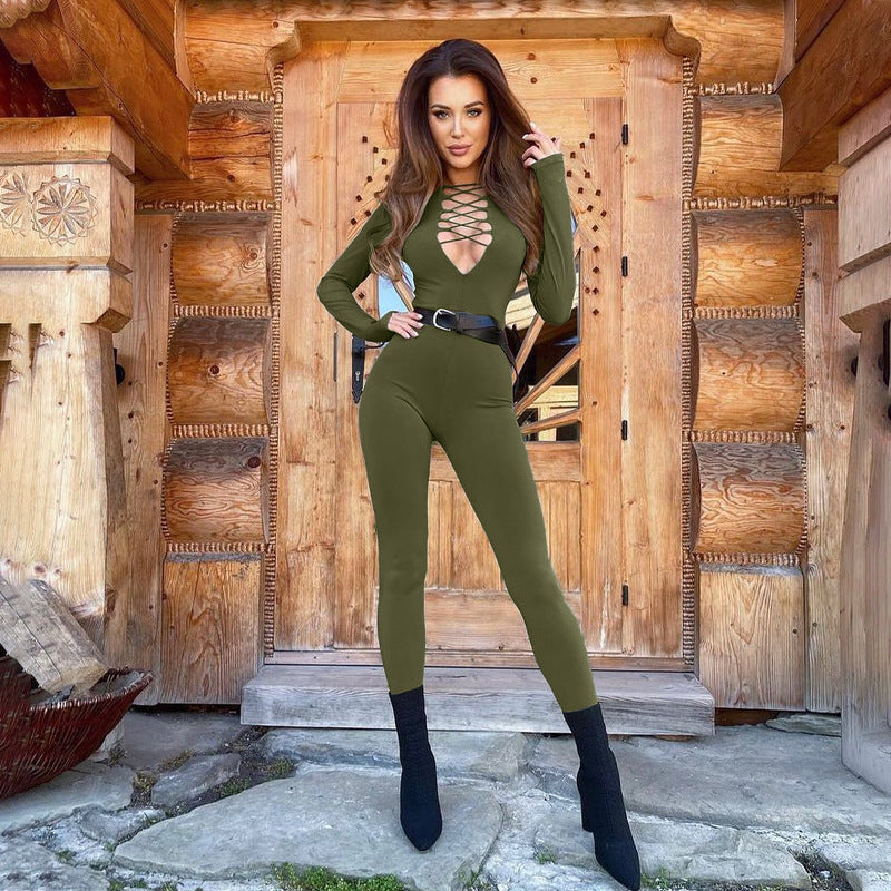 Sleek Bodycon Long Sleeve Deep V Neck Lace Up Jumpsuit for Dynamic Style