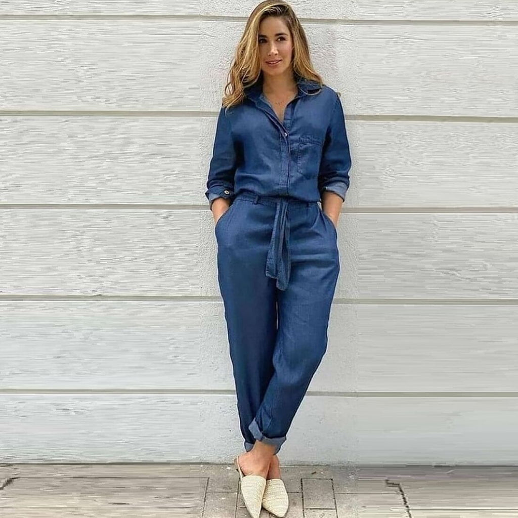 Chic Denim Jumpsuit with Belt - Casual Women's One-Piece Outfit