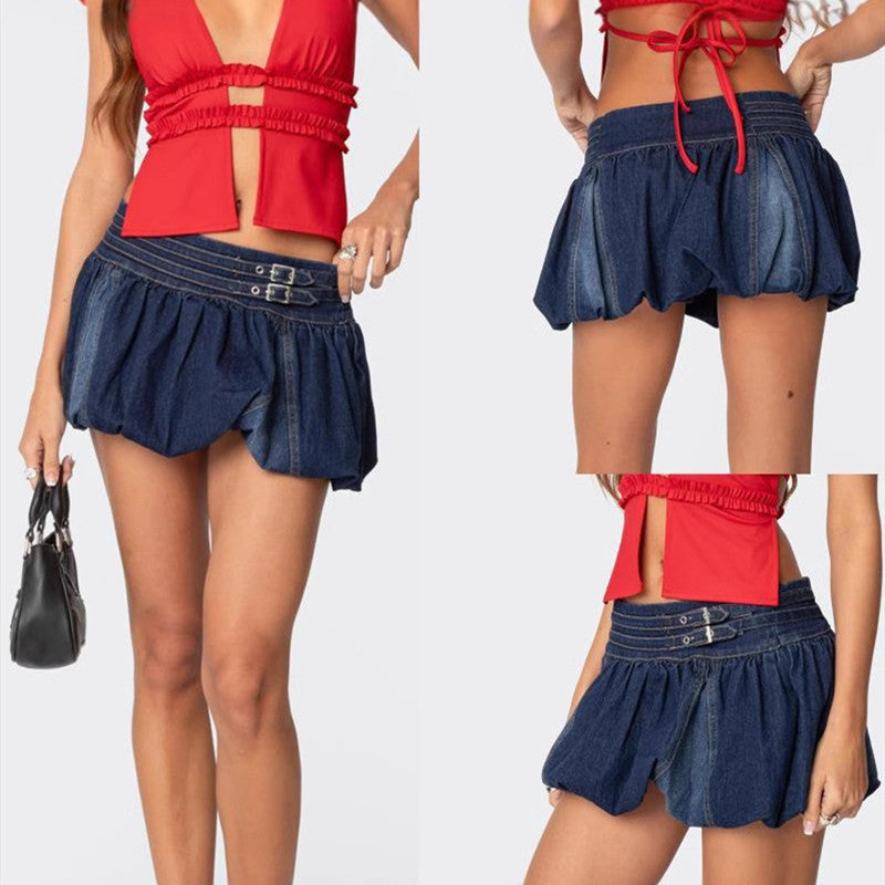 Chic Low Rise Denim Bubble Hem Mini Skirt with Stylish Buckle Detail