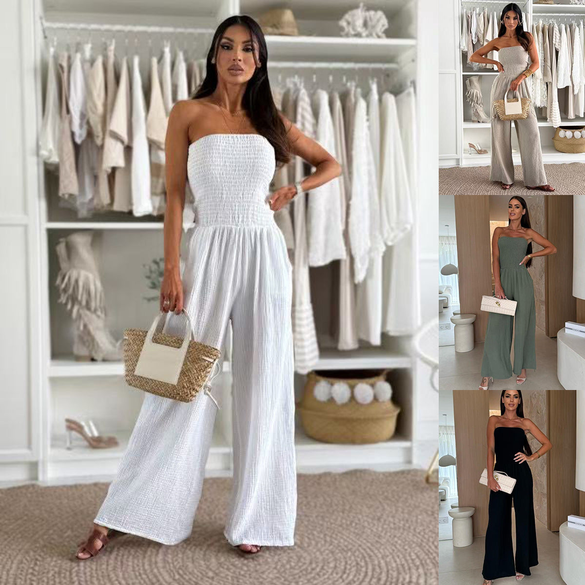 Strapless Smocked Wide-Leg Jumpsuit - Casual Chic Style