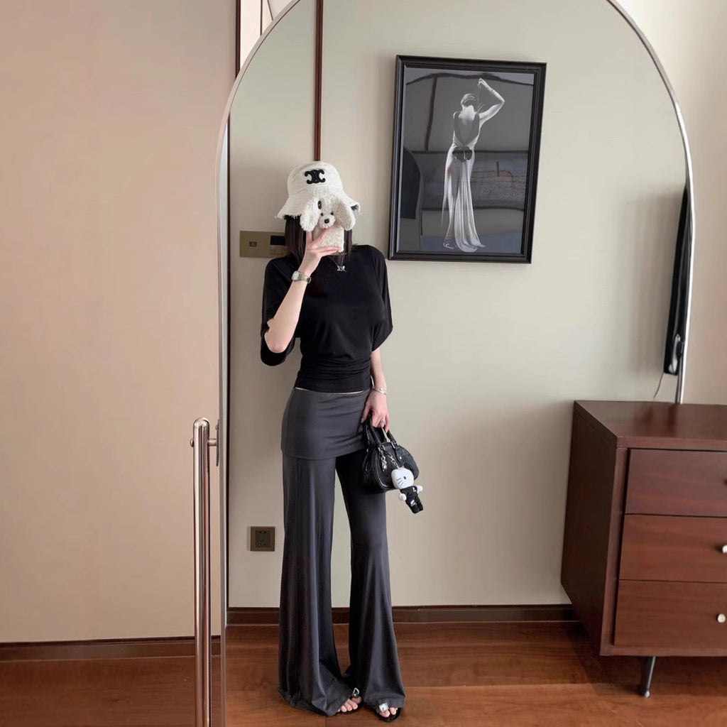 Chic Cotton Wide Leg Pants with Fold-Over Waist - Loose & Casual