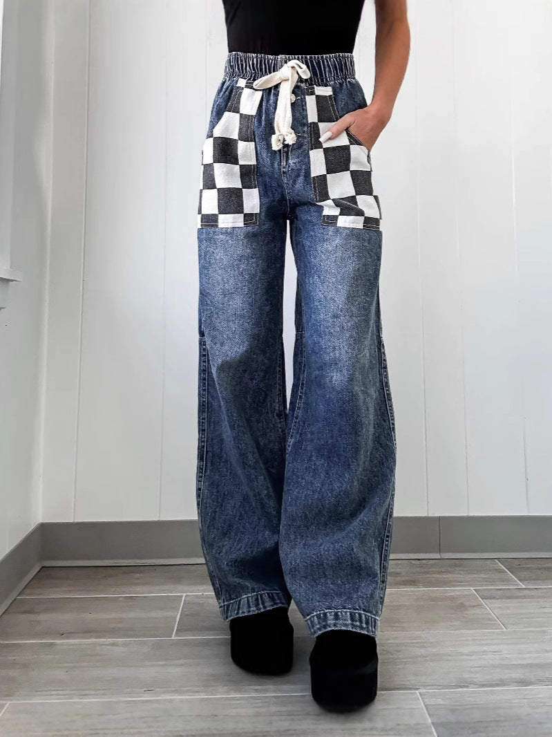 Trendy Baggy Jeans with Checkerboard Pockets