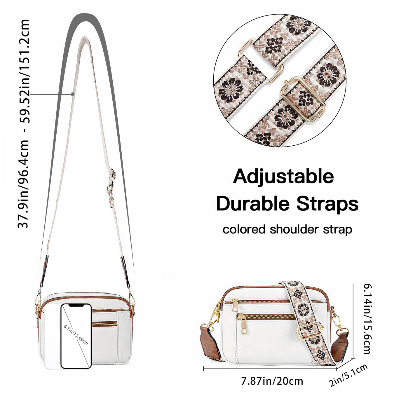 Chic Triple-Zipper Crossbody Bag with Floral Strap - Multi-functional