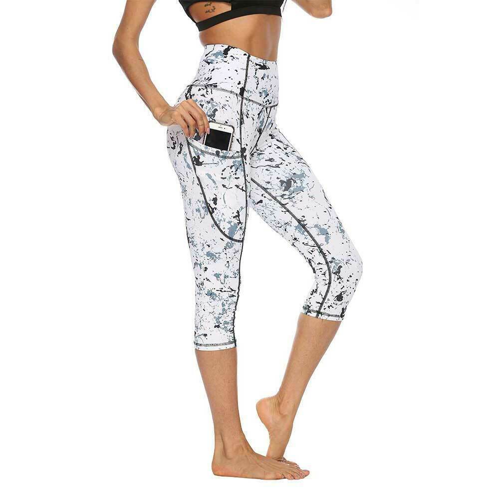 Trendy Marble Print High Waist Capri Yoga Leggings with Side Pocket