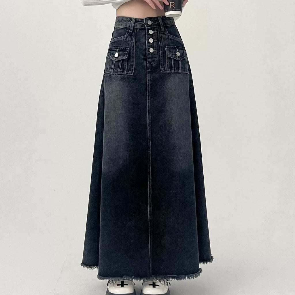 Fashionable Gradient A Line Denim Maxi Skirt with Front Buttons