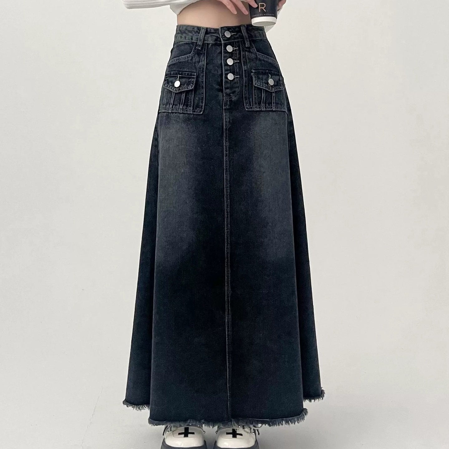 Fashionable Gradient A Line Denim Maxi Skirt with Front Buttons