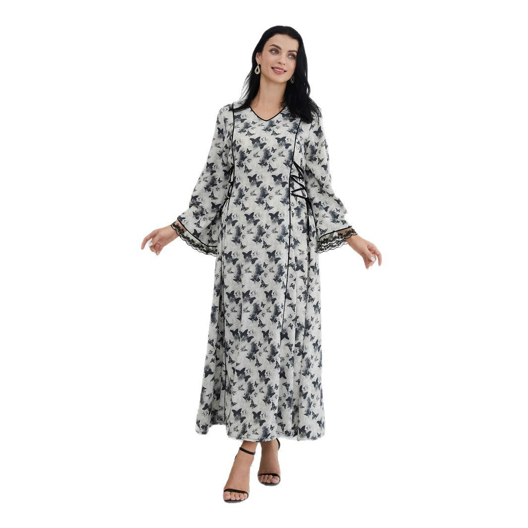 Elegant Butterfly Print Maxi Dress - Flowing V-Neck Abaya Style