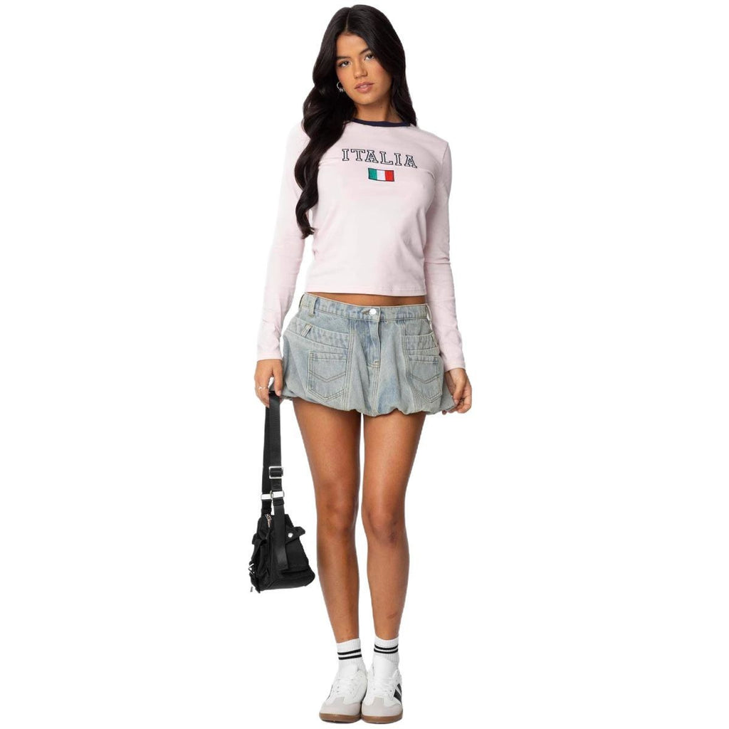 Trendy Light Blue Denim Bubble Mini Skirt with Stylish Pleats and Pockets