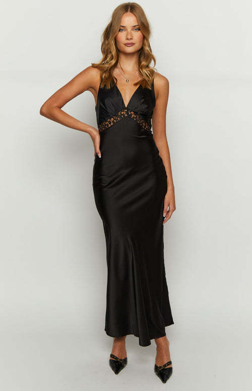 Elegant Satin Lace Maxi Dress - V-Neck Split Slip