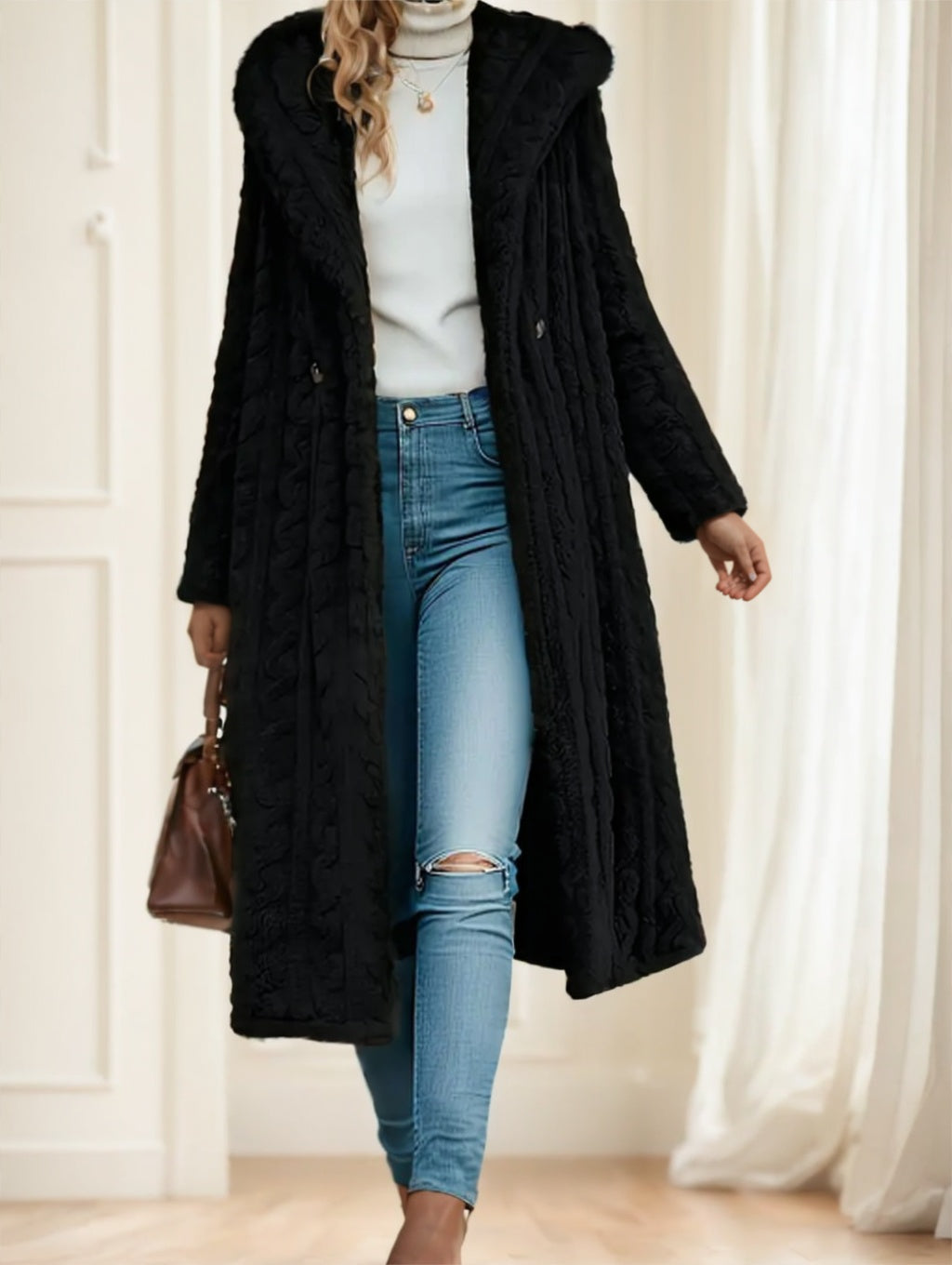Elegant Textured Hooded Longline Coat Perfect for Winter Style