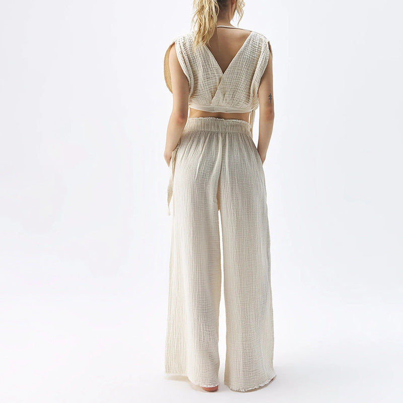 Effortlessly Chic Double Layer Cotton Gauze Relaxed Wide Leg Pants for Women