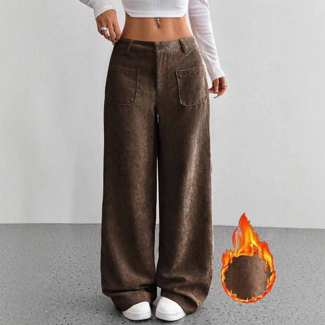 Chic Corduroy Wide Leg Pants with Pockets - Loose Fit Street Style