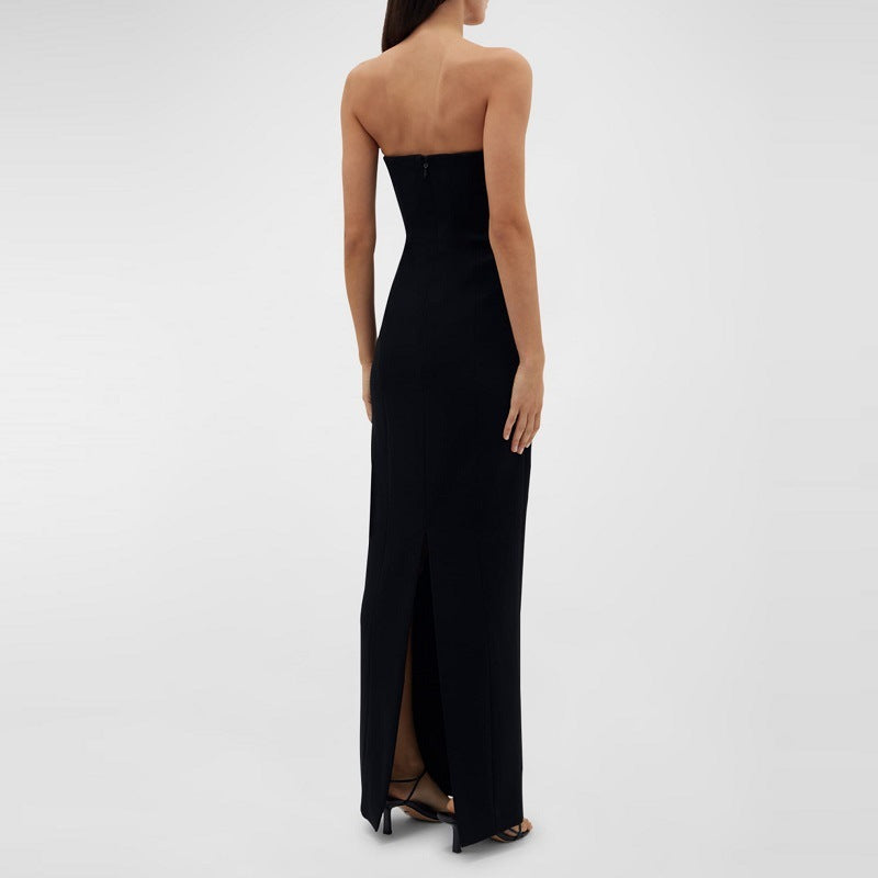 Black Strapless Rhinestone Embellished U-Neck Bodycon Maxi Dress